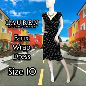 Lauren Ralph Lauren Faux - Wrap V neck Polka Dot Dress - Black/White Size 10